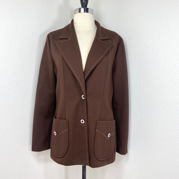 Vintage Chocolate Brown Double Polyester Jacket Blazer Med Unlined Wide Lapel - Picture 1 of 13